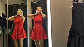 Blonde flashes massive tits in see-through mall try-on public thrill