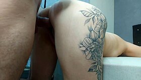 Wife cheats bareback, bangs husband's friend rough with big cock in tight pussy closeup.