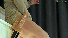 omg! petite mature tests huge dildo on hairy wet pussy moaning loudly