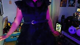 hotwife in wednesday addams costume rides lover's cock doggystyle moaning wildly