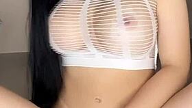 Colombian beauty teases pussy with favorite big dildo