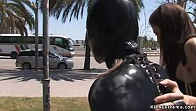 Blonde bound in latex gets fucked hard outdoors in public