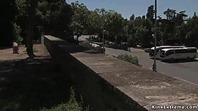 Blonde bound in latex gets fucked hard outdoors in public