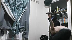 Muscular homemade stud pumps huge cock in intense doggystyle workout close-up.