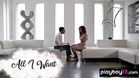 Skinny milf Maddy O'Reilly rides her husband's monster cock doggystyle.