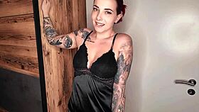 she gives a hot german footjob in latex with pierced nipples