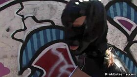 Blonde bound in latex gets fucked hard outdoors in public