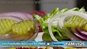 Curvy milf and petite teen share throbbing cock outdoors at holiday BBQ with blowjobs doggystyle riding and titty fuck