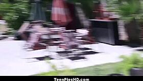 Cute horny teen with braces takes best friend's deep creampie.