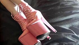 laura models in pink platform heels and sheer white pantyhose