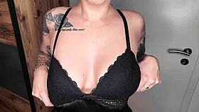 she gives a hot german footjob in latex with pierced nipples