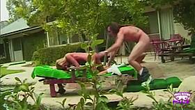 Inexperienced Blonde Roughly Fucked Poolside By Tattooed Stud Doggy