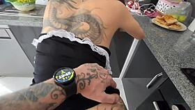 Tattooed brunette maid sneaks panty-less around house teasing big ass for rough pov quickie