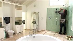 big ass blonde bangs handyman then hubby joins bathroom threesome