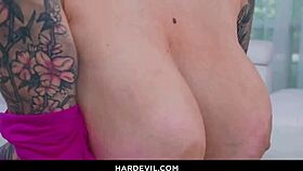 curly brunette vixen deepthroats monster cock with huge natural tits