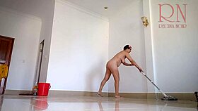 NAKED MAID WITHOUT PANTIES CLEANS OFFICE, SHOWING JUICY PUSSY LIPS!