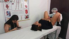 Lesbian couple moans for male gynecologist's huge cock