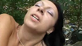 Sleazy amateur brunette bends over for nasty anal assfucking doggystyle cumshot outdoors