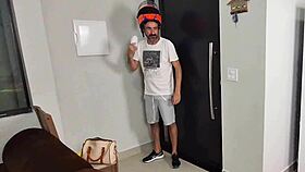 Horny housewife alone seduces biker in just a bath towel at home