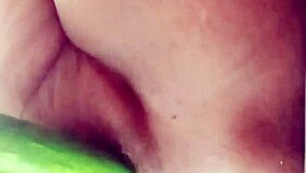 Slipping huge cock into her wet bath pussy using that thick sponge gourd deep