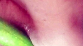 Slipping huge cock into her wet bath pussy using that thick sponge gourd deep