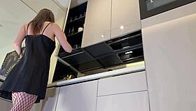 Long Legs Brunette Wife Teases Kitchen Fishnets