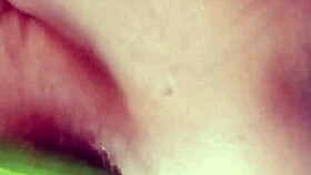 Slipping huge cock into her wet bath pussy using that thick sponge gourd deep
