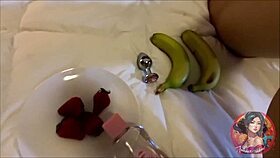 skinny asian babe stuffs tight holes with fruits in hotel room boldly