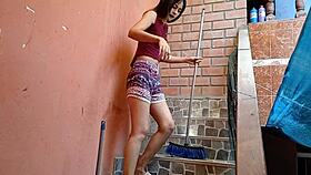 Peruvian neighbor caught cleaning gets outdoor doggystyle pounding near stairs.