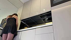 Long Legs Brunette Wife Teases Kitchen Fishnets