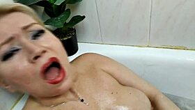 big mature moscow milf slut showers with huge dildo blowjob cum on massive tits!