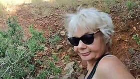 Mature couple flashes panties then fucks doggystyle bent over in forest outdoors
