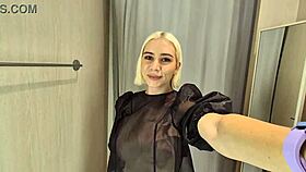 Trying see-through latex outfits in mall fitting room flashing big tits 😜👙