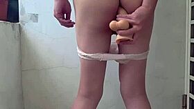 Ting Xuan hides shemale dildo fun on risky balcony