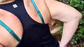 Mature couple flashes panties then fucks doggystyle bent over in forest outdoors