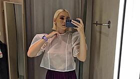 Trying see-through latex outfits in mall fitting room flashing big tits 😜👙