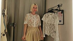 sexy crossdresser flashes huge tits in see-through haul at crowded mall changing room