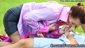 Clothed European Group in Heels Stockings Takes Monster Cock Cumshot Outdoors