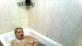 big mature moscow milf slut showers with huge dildo blowjob cum on massive tits!