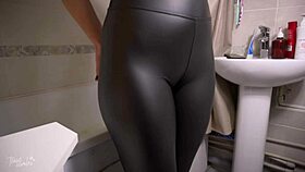 stepsis shows off her soaked cameltoe bulging through tight leather leggings