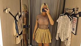 sexy crossdresser flashes huge tits in see-through haul at crowded mall changing room