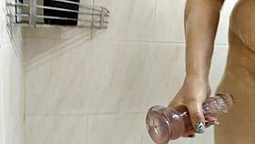 big mature moscow milf slut showers with huge dildo blowjob cum on massive tits!