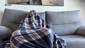 Brunette babe caught him jerking off and gives hot handjob while watching porn!