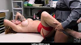 caught shoplifter milf punished with big tits blowjob and full cum swallow in garage