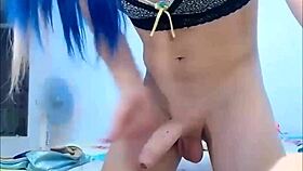 this hung shemale jerks off and squirts a massive load into the bowl
