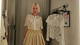 sexy crossdresser flashes huge tits in see-through haul at crowded mall changing room