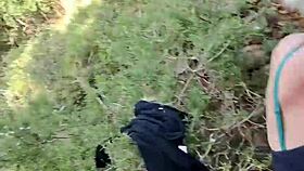 Mature couple flashes panties then fucks doggystyle bent over in forest outdoors