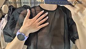 Trying see-through latex outfits in mall fitting room flashing big tits 😜👙