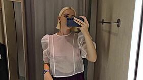 Trying see-through latex outfits in mall fitting room flashing big tits 😜👙