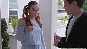 Sexy petite Lily Glee bends over in garage as horny guy punishes her tight teen pussy doggystyle with monster cock